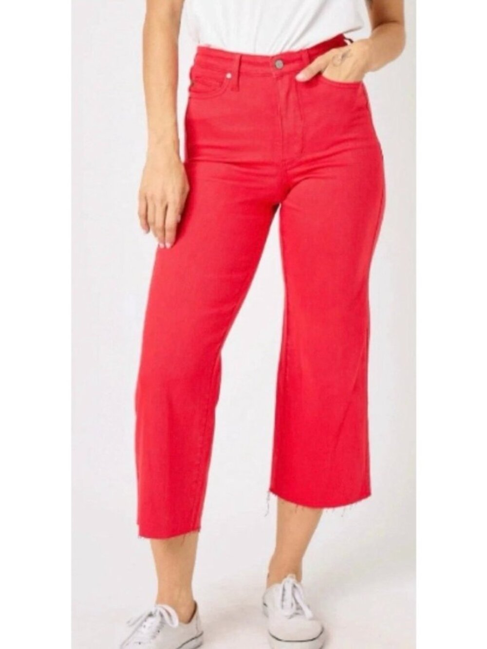 Judy Blue Jeans Size 16 Red Denim JB88838C High Waist Wide Leg Crop Raw Hem